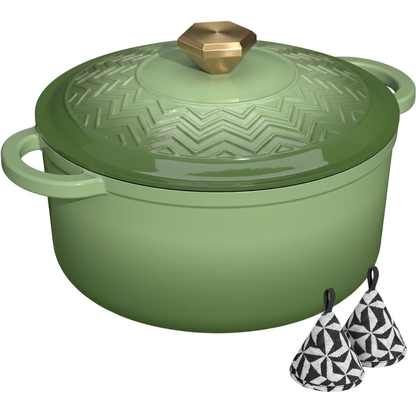 Enameled Cast Iron Dutch Oven with Moisture-Seal Lid and Potholders