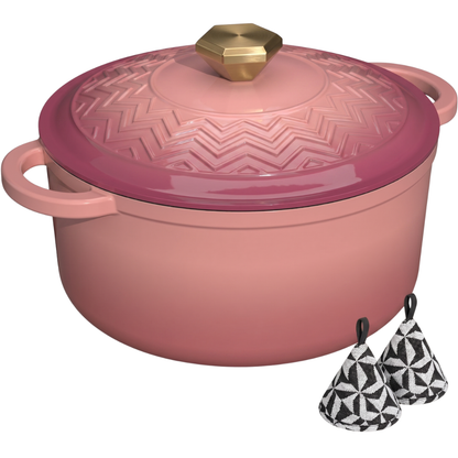 Enameled Cast Iron Dutch Oven with Moisture-Seal Lid and Potholders