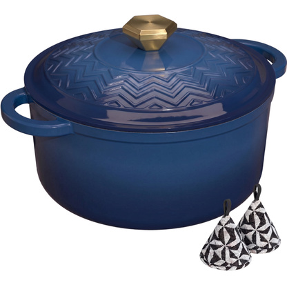Enameled Cast Iron Dutch Oven with Moisture-Seal Lid and Potholders