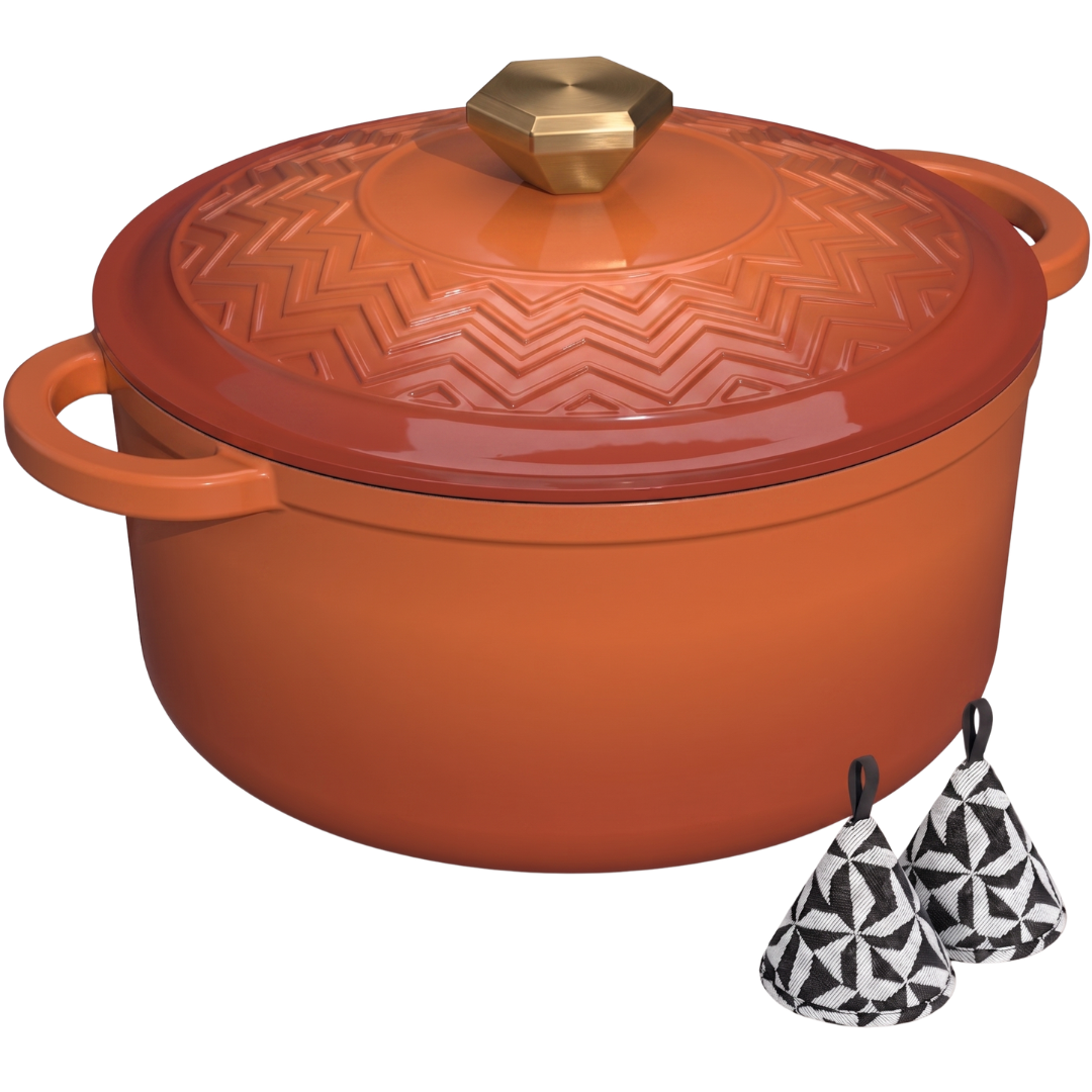 Enameled Cast Iron Dutch Oven with Moisture-Seal Lid and Potholders