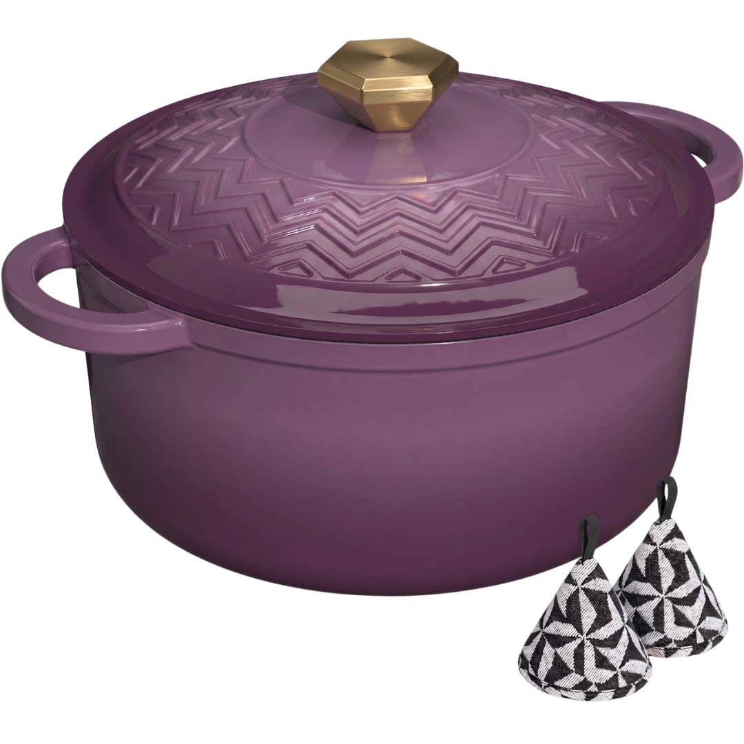 Enameled Cast Iron Dutch Oven with Moisture-Seal Lid and Potholders