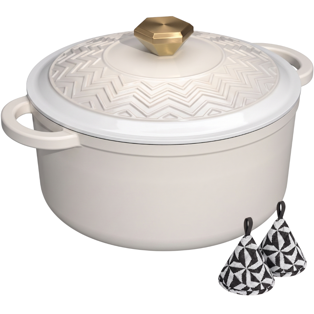 Enameled Cast Iron Dutch Oven with Moisture-Seal Lid and Potholders