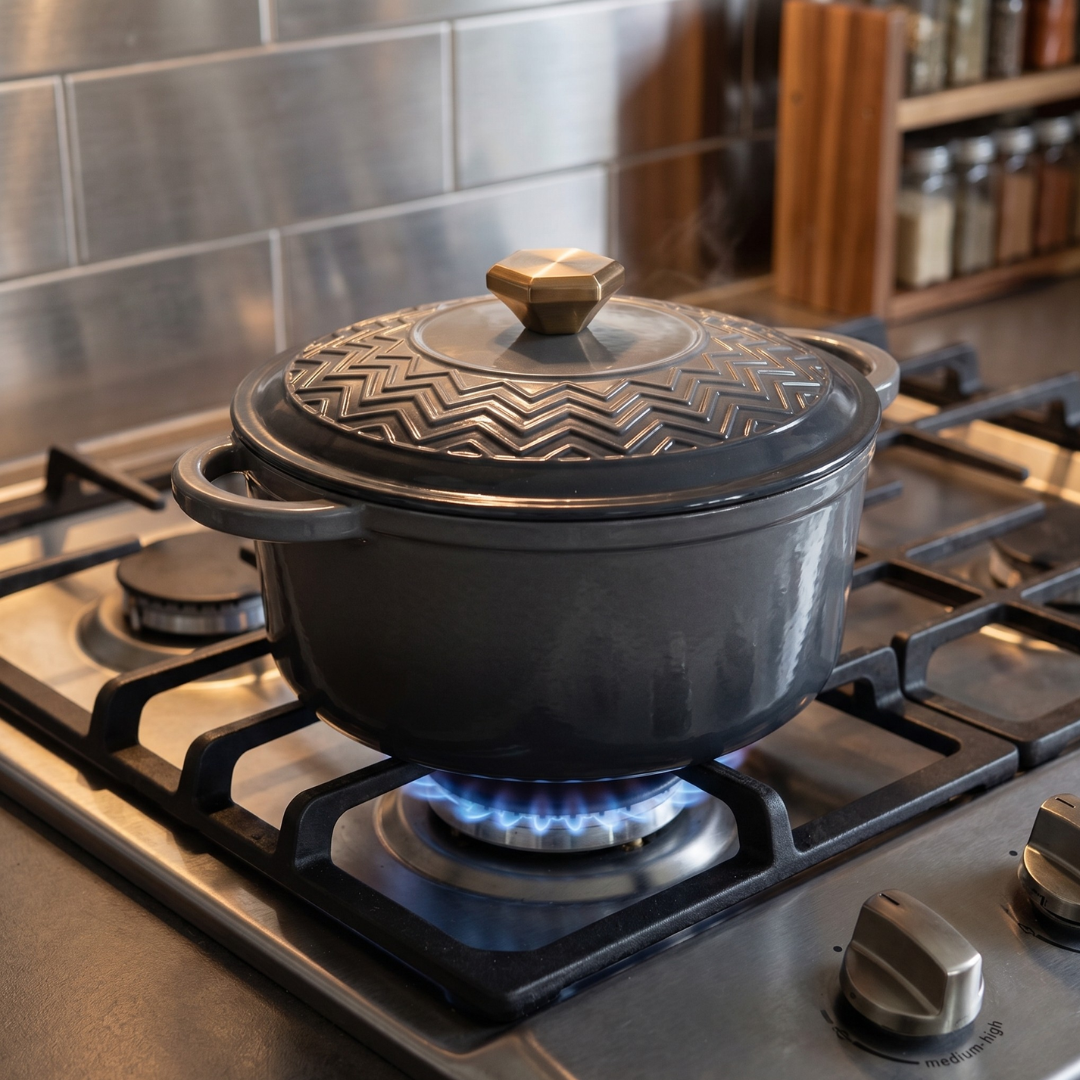 Enameled Cast Iron Dutch Oven with Moisture-Seal Lid and Potholders