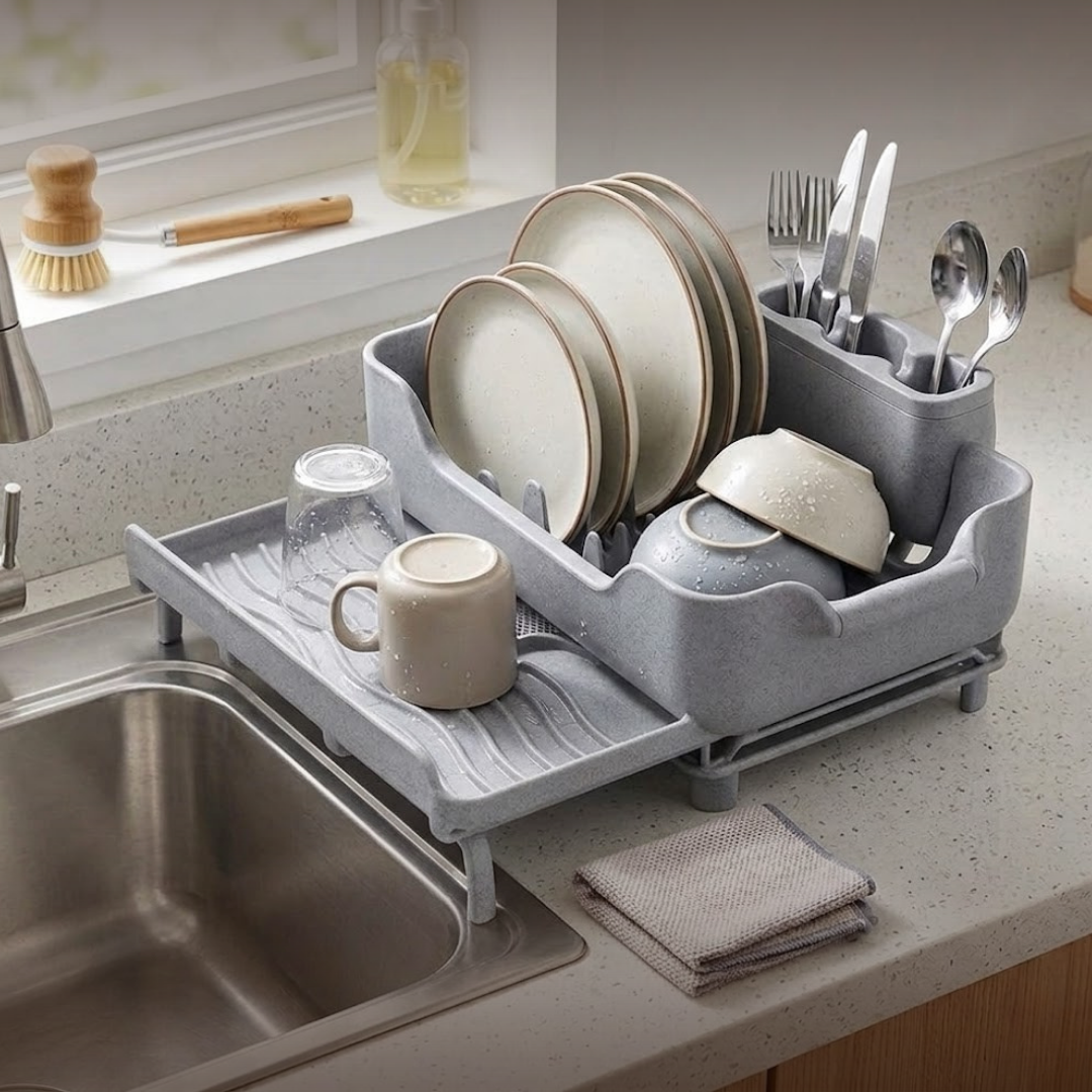 Expandable Over Sink Dish Rack with Drain Tray and Utensil Holder