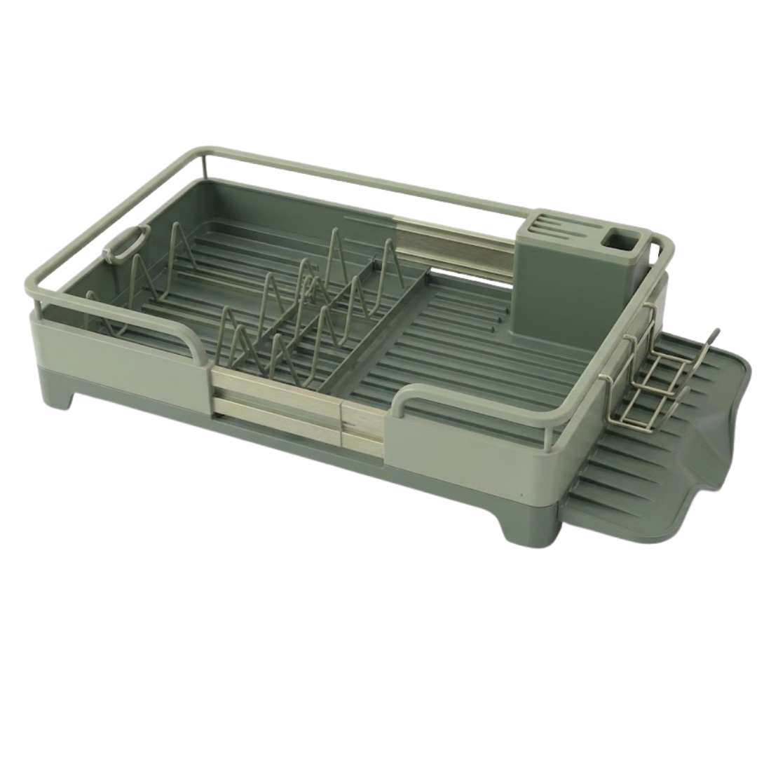 Expandable Stainless Steel Dish Rack with Drain Tray and Utensils Holder