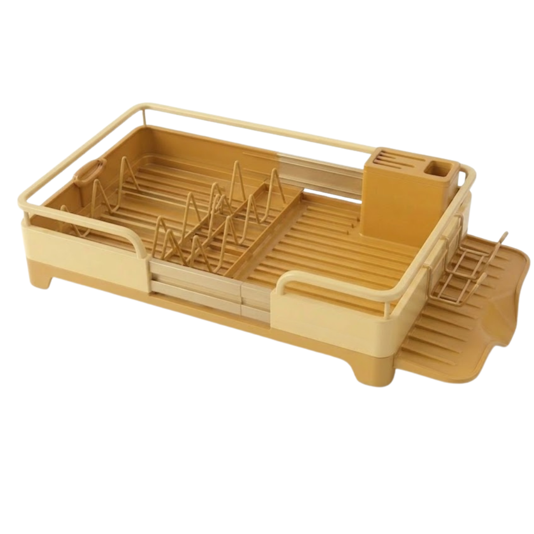 Expandable Stainless Steel Dish Rack with Drain Tray and Utensils Holder
