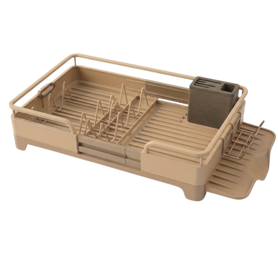 Expandable Stainless Steel Dish Rack with Drain Tray and Utensils Holder