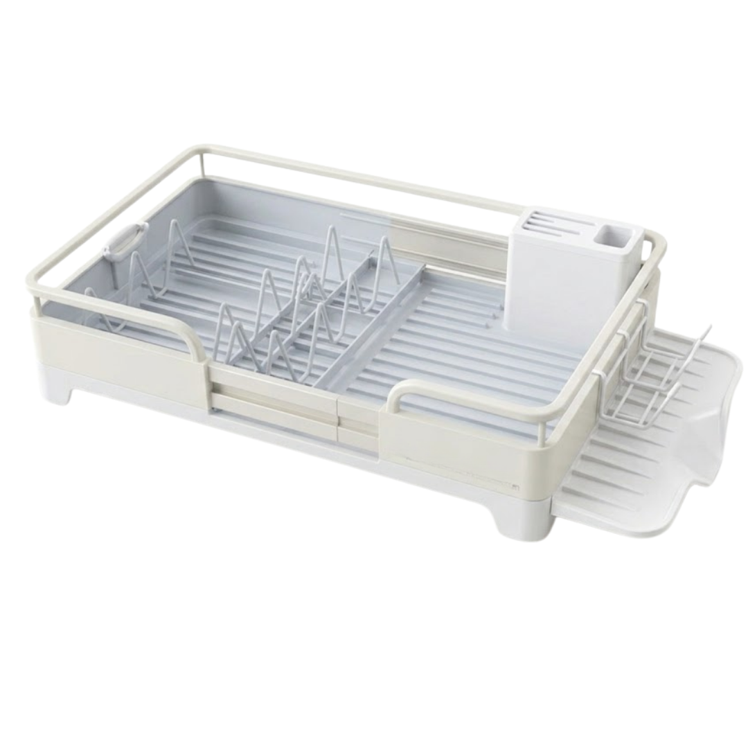 Expandable Stainless Steel Dish Rack with Drain Tray and Utensils Holder