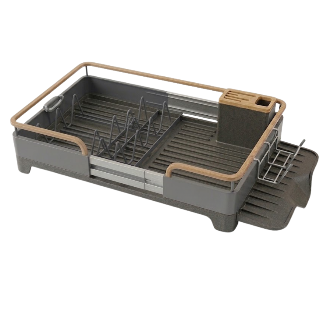 Expandable Stainless Steel Dish Rack with Drain Tray and Utensils Holder