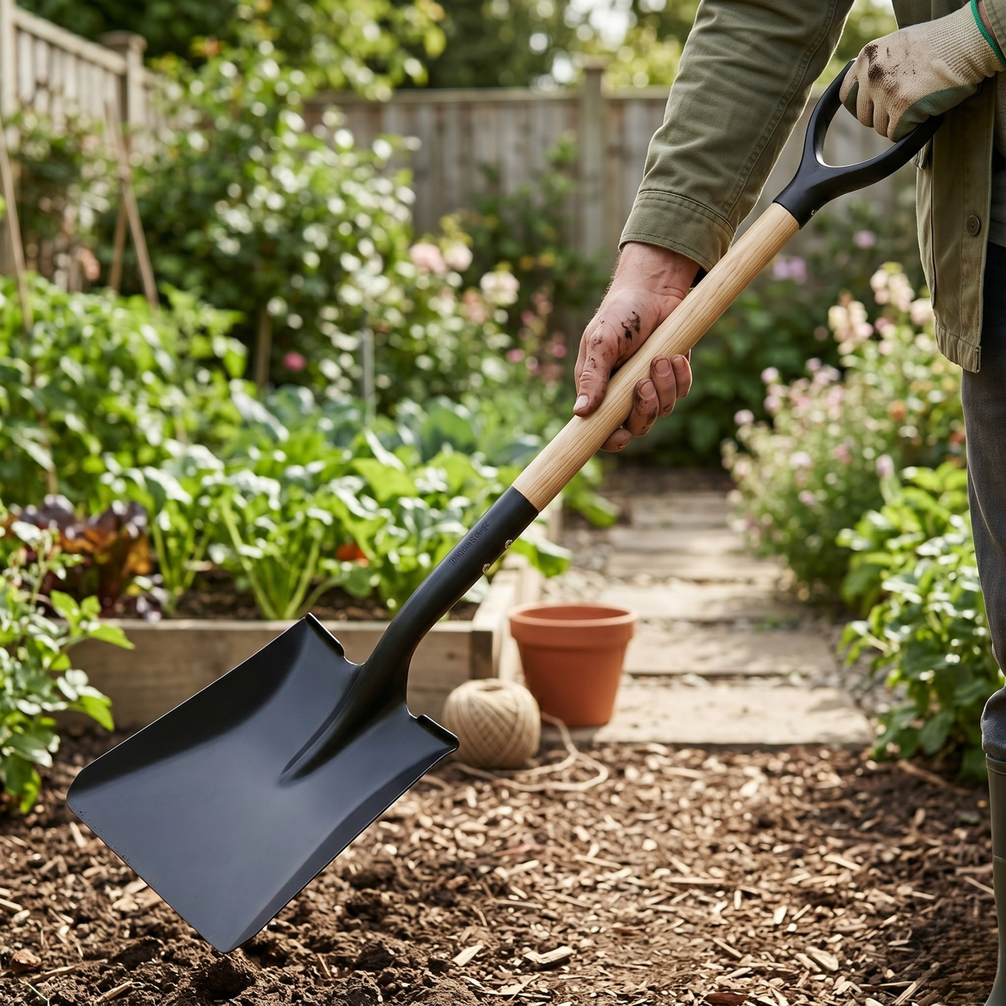 Flat Edge Garden Shovel with Steel Blade and Molded D-Grip Handle