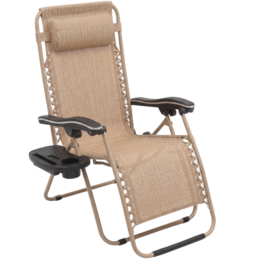 Folding Reclining Chair with Adjustable Pillow and Cup Holder Tray