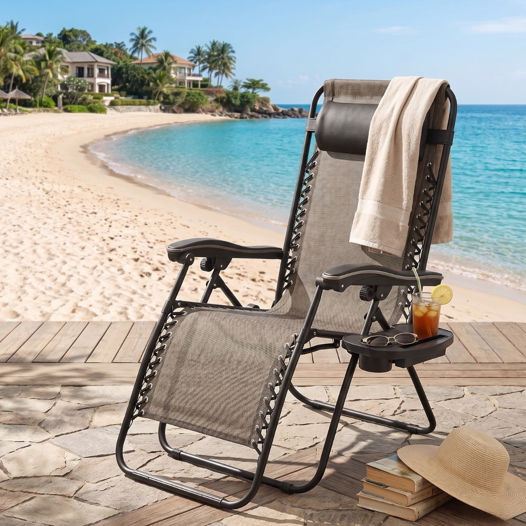 Folding Reclining Chair with Adjustable Pillow and Cup Holder Tray