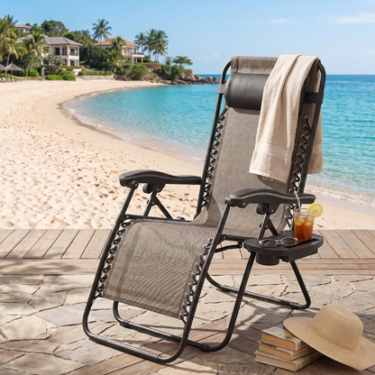 Folding Reclining Chair with Adjustable Pillow and Cup Holder Tray