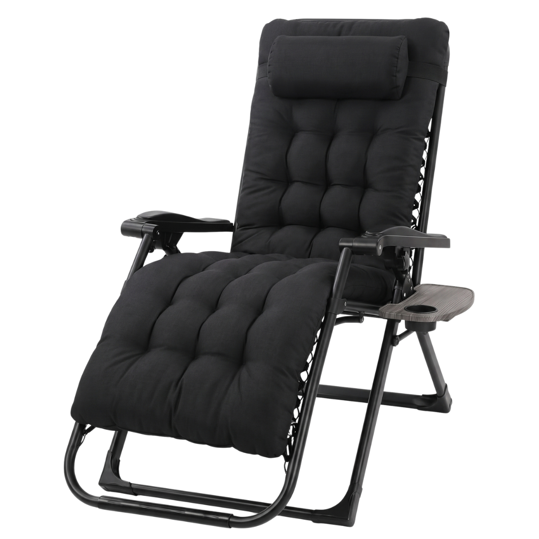 Folding Reclining Patio Chair with Cushion, Side Tray, and Head Pillow