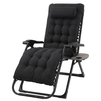 Folding Reclining Patio Chair with Cushion, Side Tray, and Head Pillow