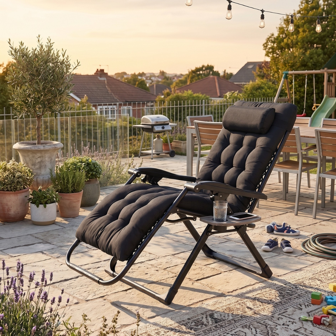 Folding Reclining Patio Chair with Cushion, Side Tray, and Head Pillow