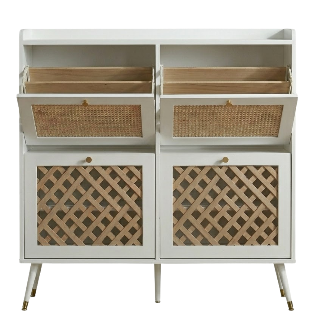 Four Flip-Front Drawer Shoe Cabinet with Adjustable Storage Shelves