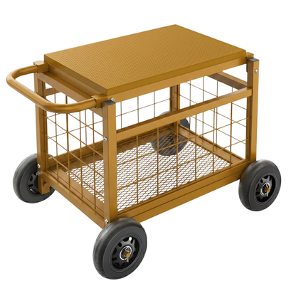 Garden Work Seat Cart with Storage Compartment and Rubber Wheels