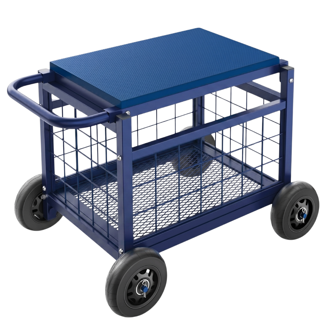 Garden Work Seat Cart with Storage Compartment and Rubber Wheels