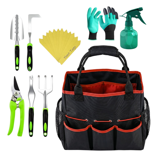 Gardening Tool Set with Storage Tote, Plant Tags, Gloves, and Sprayer