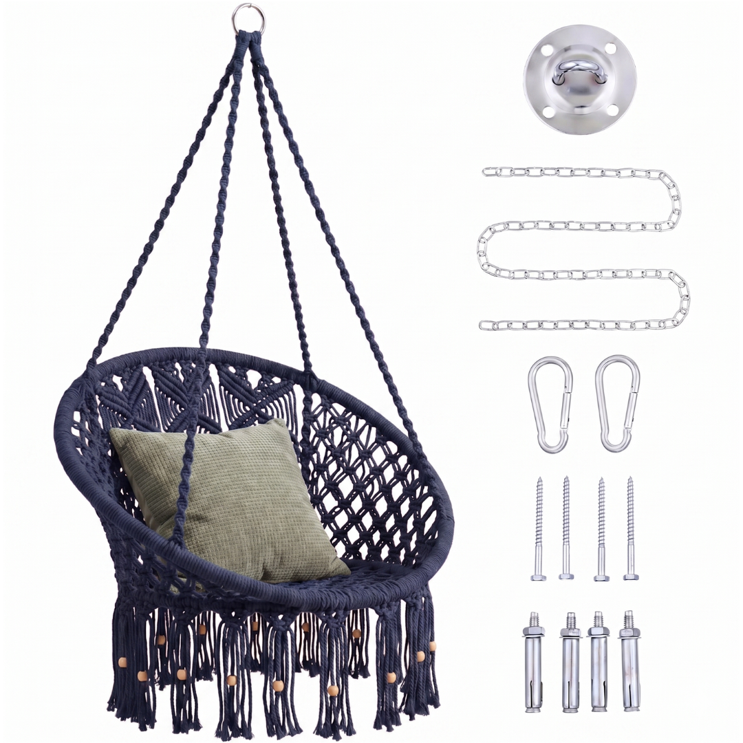 Handwoven Macrame Hammock Swing Chair with Hanging Hardware Kit