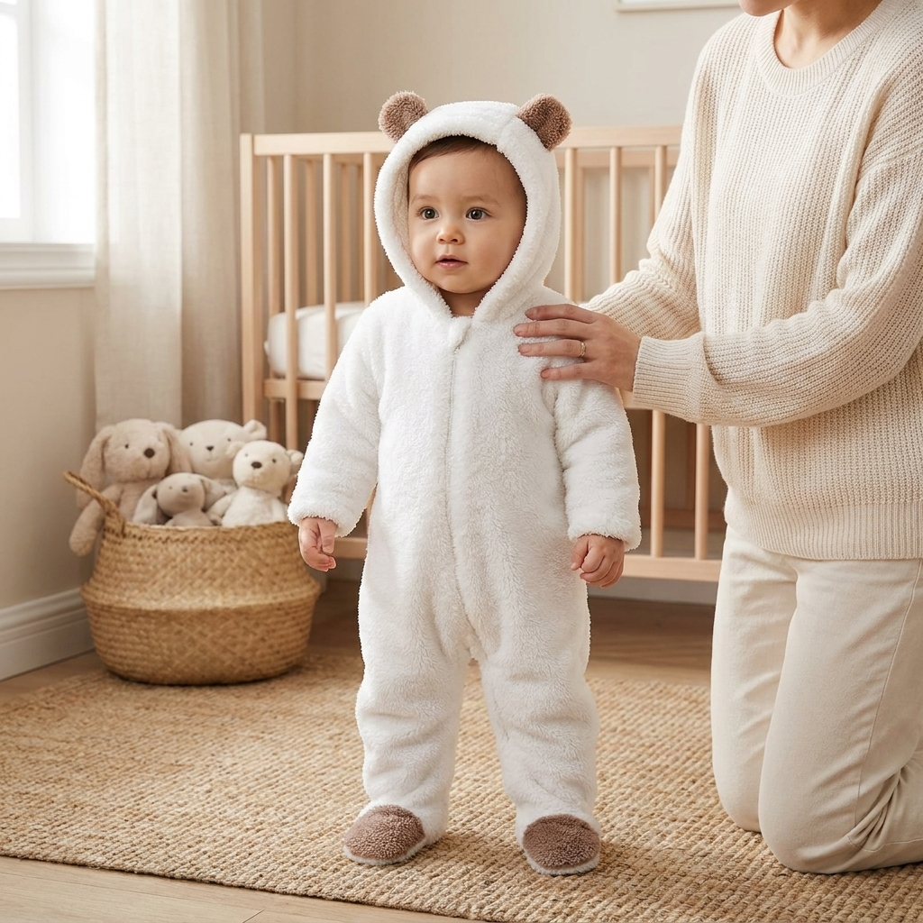 Cozy Cartoon Bear Baby Romper white lifestyle