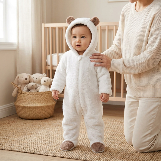 Cozy Cartoon Bear Baby Romper white lifestyle