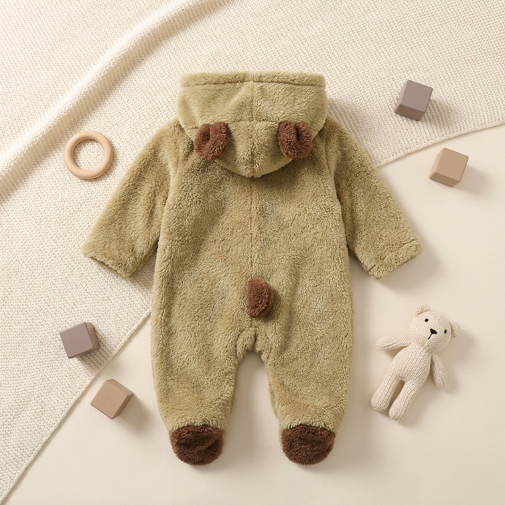 Cozy Cartoon Bear Baby Romper khaki flat lay