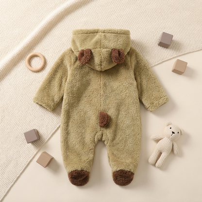 Cozy Cartoon Bear Baby Romper khaki flat lay