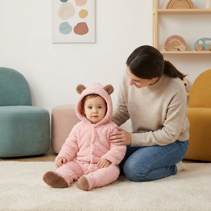 Cozy Cartoon Bear Baby Romper pink lifestyle