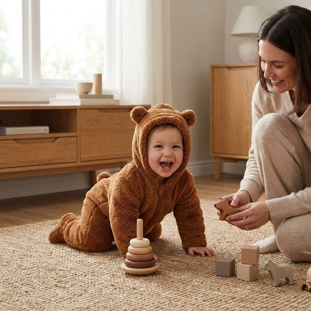 Cozy Cartoon Bear Baby Romper brown lifestyle