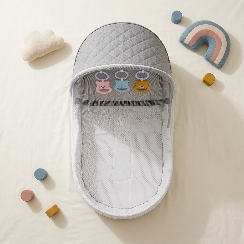 Cocoon baby support nest, gray, styled flat lay