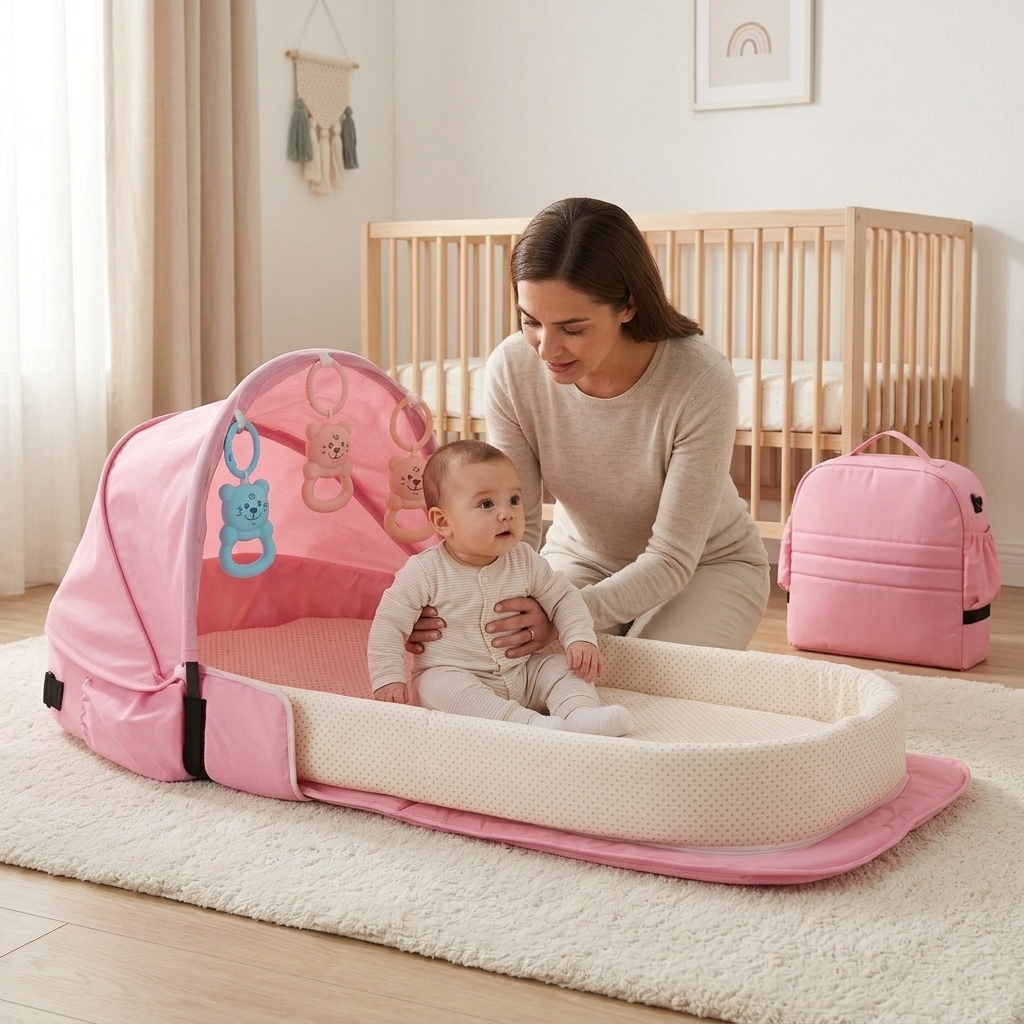 Cocoon baby support nest with parent and awake baby