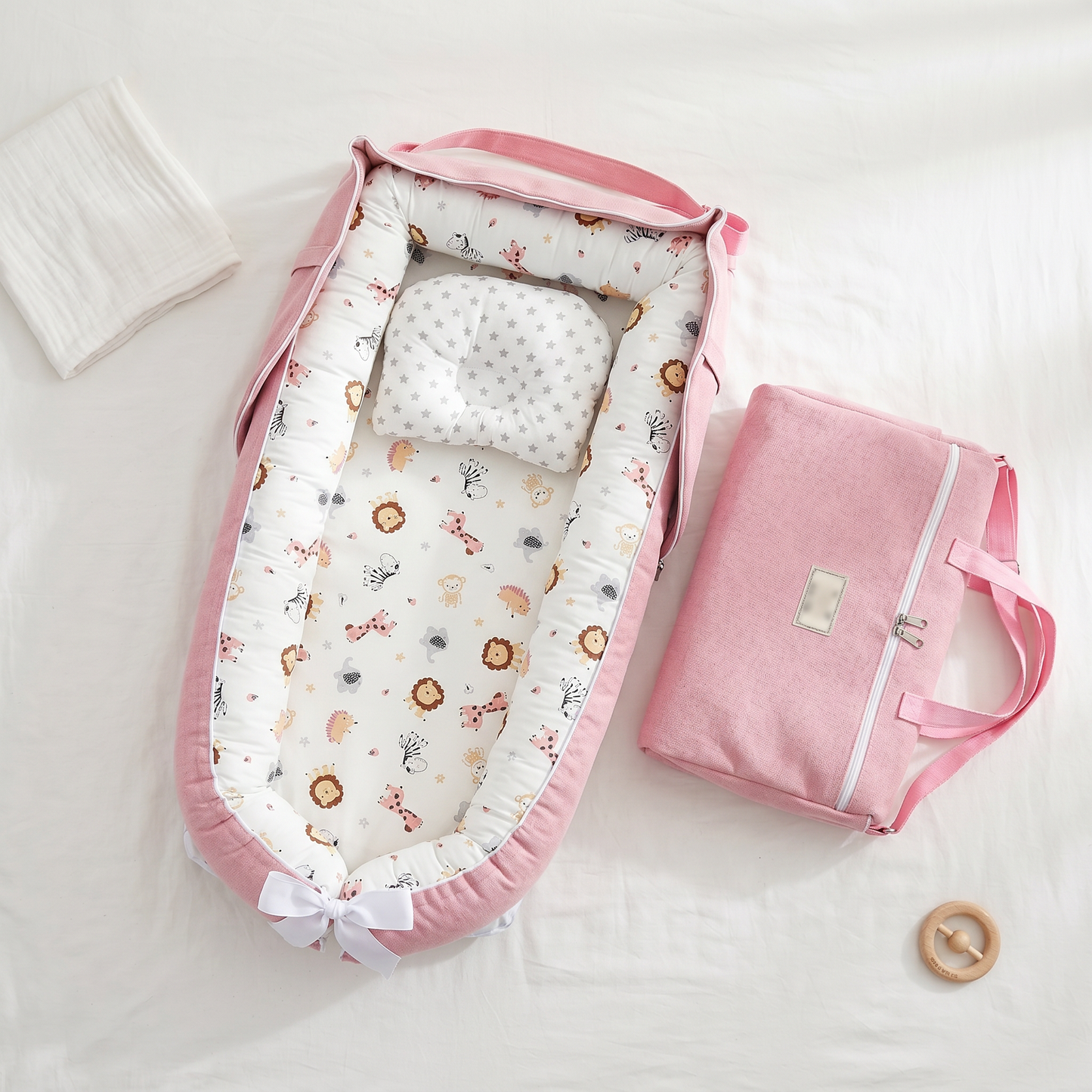 Haven portable baby support nest, pink animals, product photo