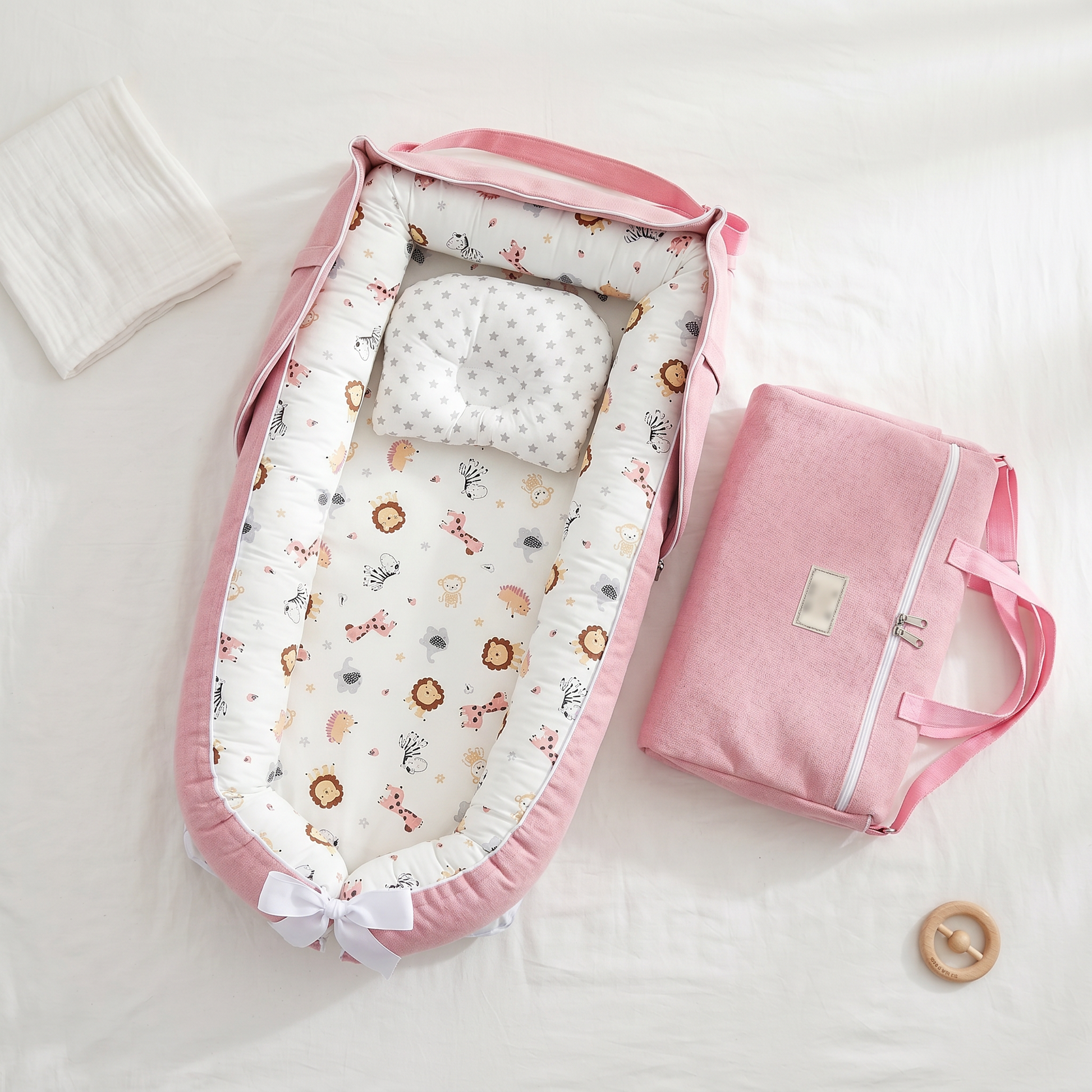 Haven portable baby support nest, pink animals, product photo