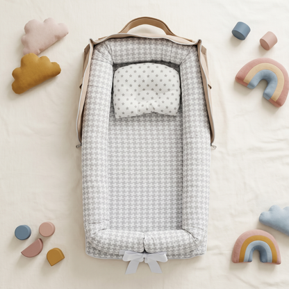 Haven baby support nest, gray checkered, styled flat lay