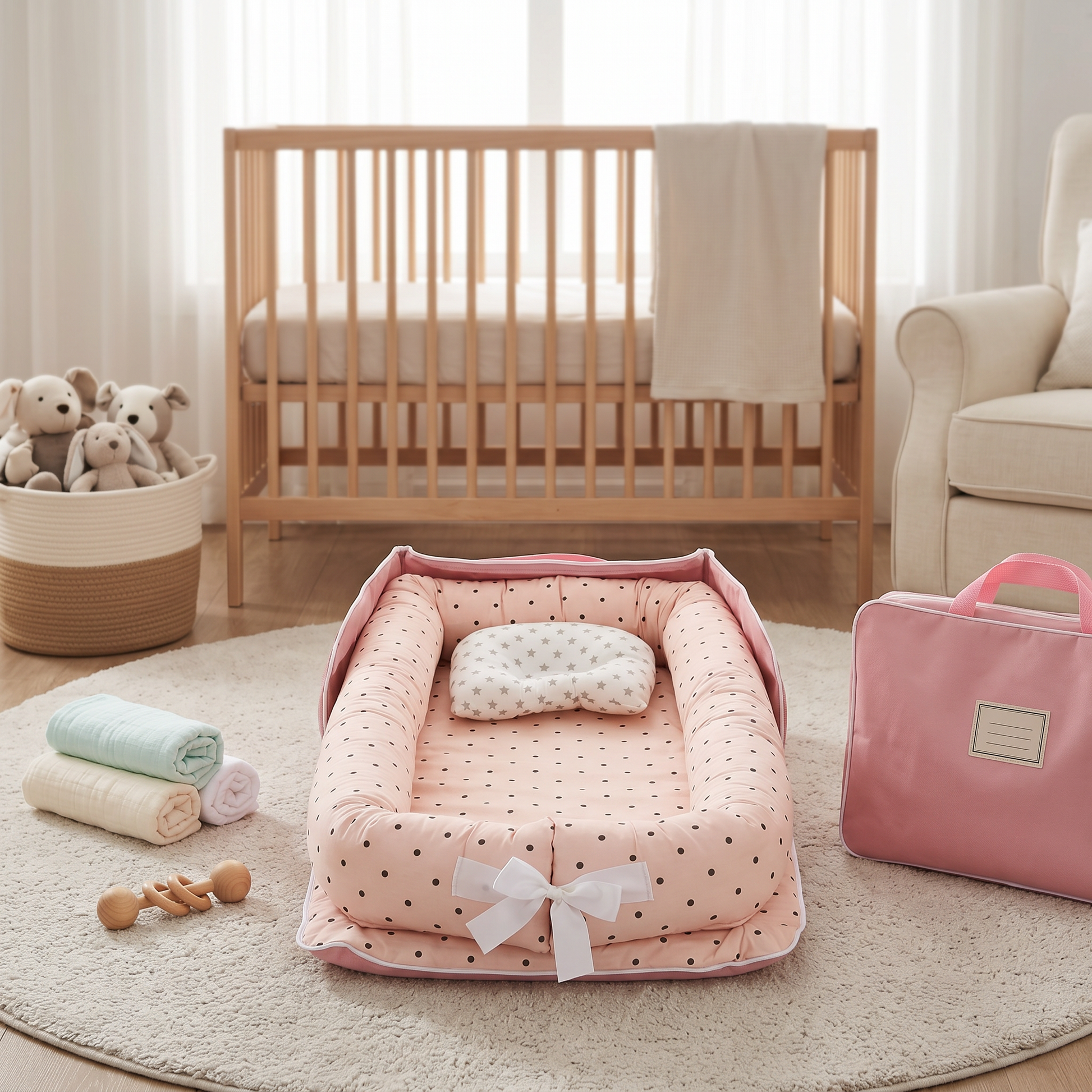 Haven baby support nest, pink polka dots, in nursery