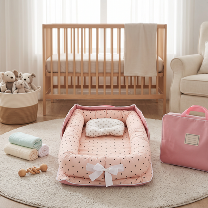 Haven baby support nest, pink polka dots, in nursery