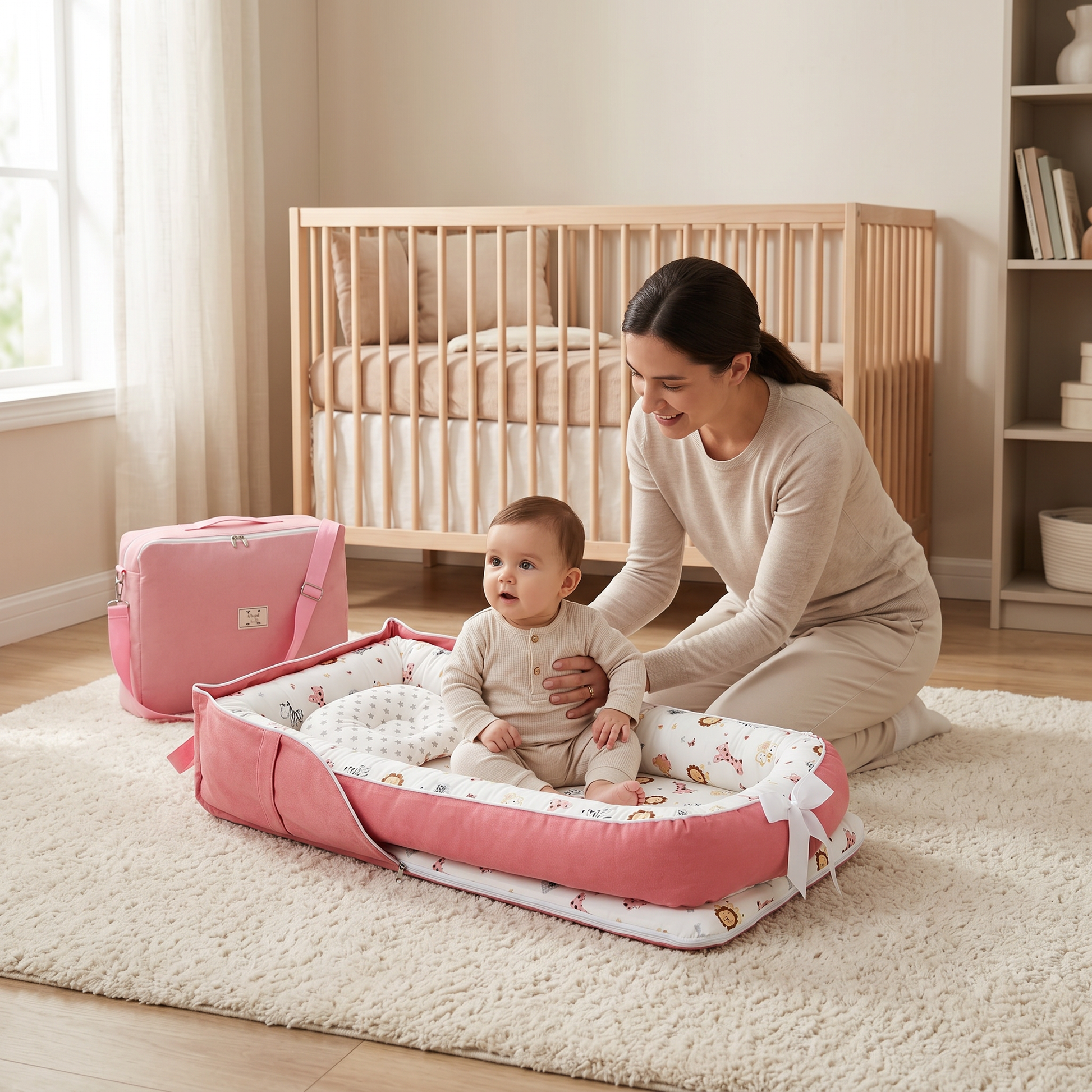 Haven baby support nest with parent and awake baby