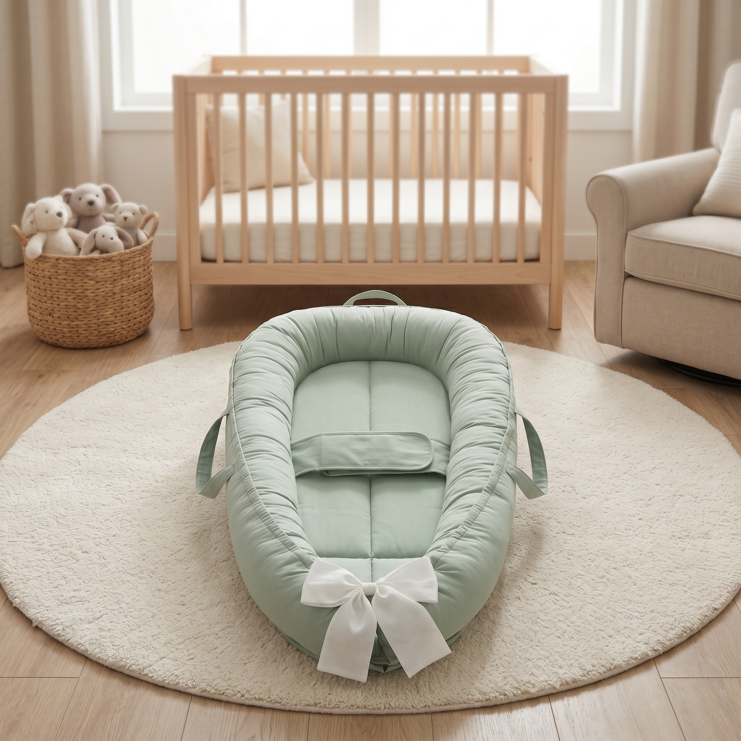Halo winged baby nest, mint green, in nursery