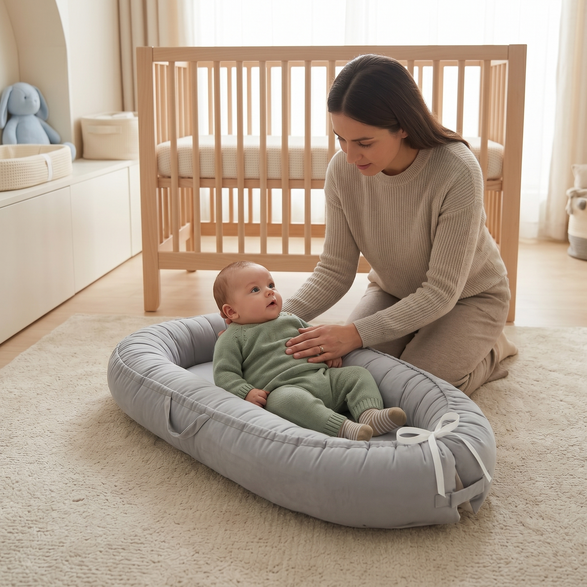 Halo winged baby nest with parent and awake baby
