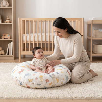 Cloud slope support cushion with parent and awake baby