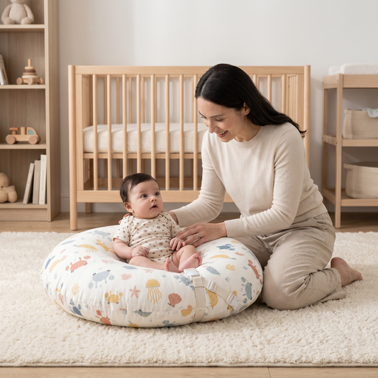 Cloud slope support cushion with parent and awake baby