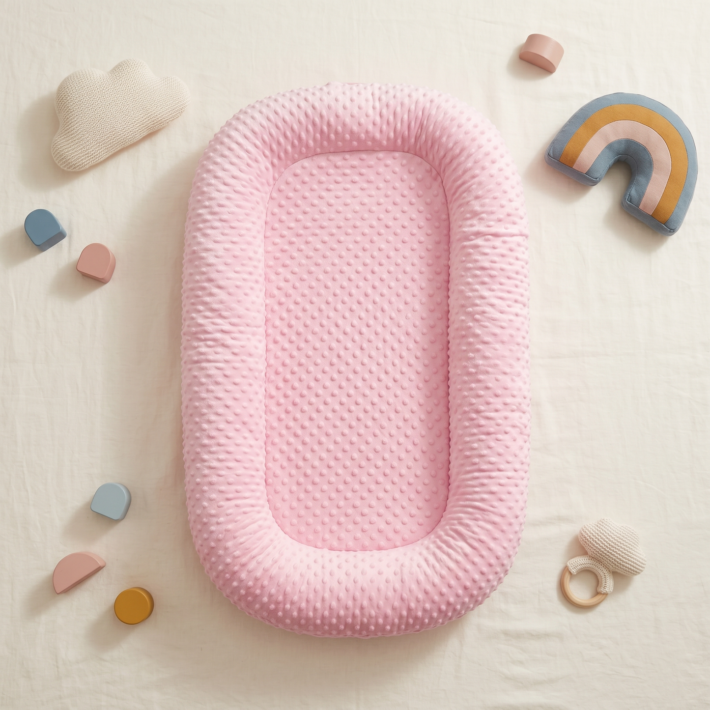Hush baby lounger, pink, styled flat lay