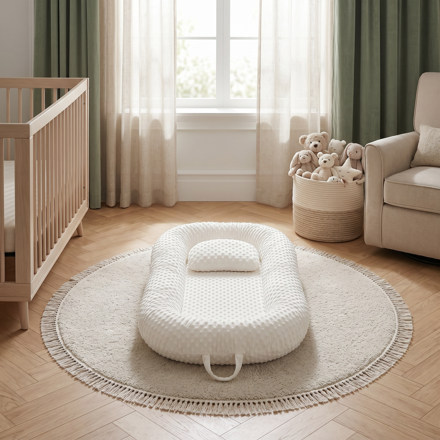 Hush baby lounger, white, in nursery