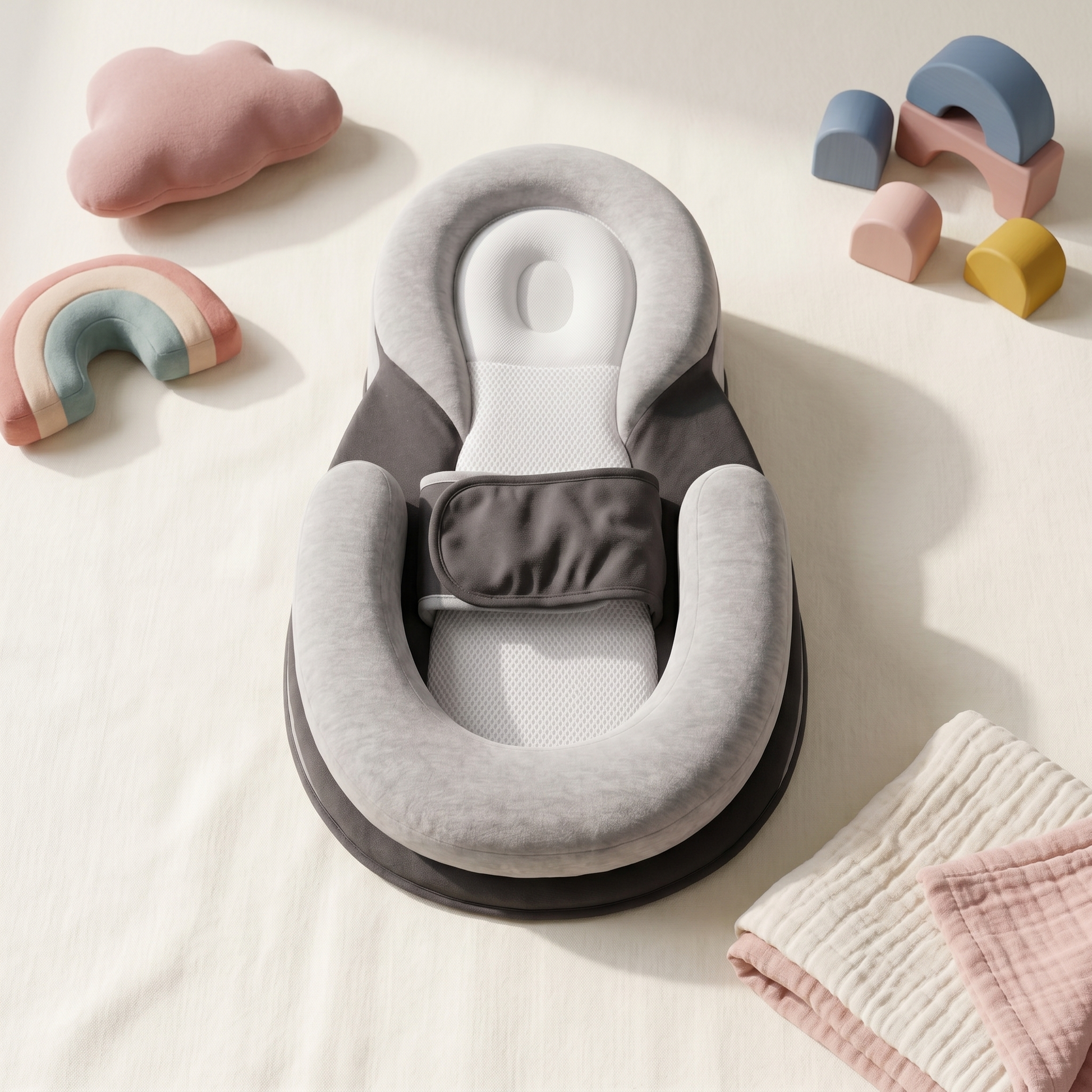 Bundle baby comfort lounger, gray, styled flat lay