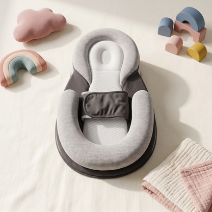 Bundle baby comfort lounger, gray, styled flat lay