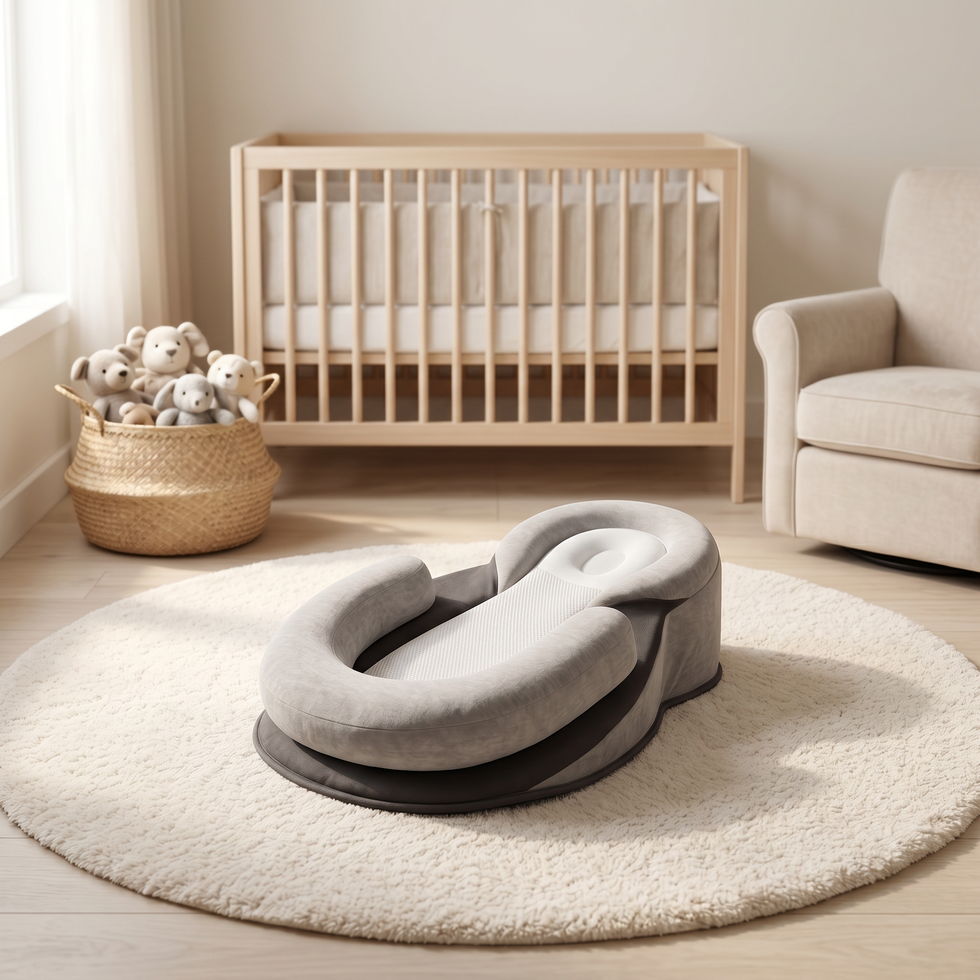 Bundle baby comfort lounger, gray, in nursery