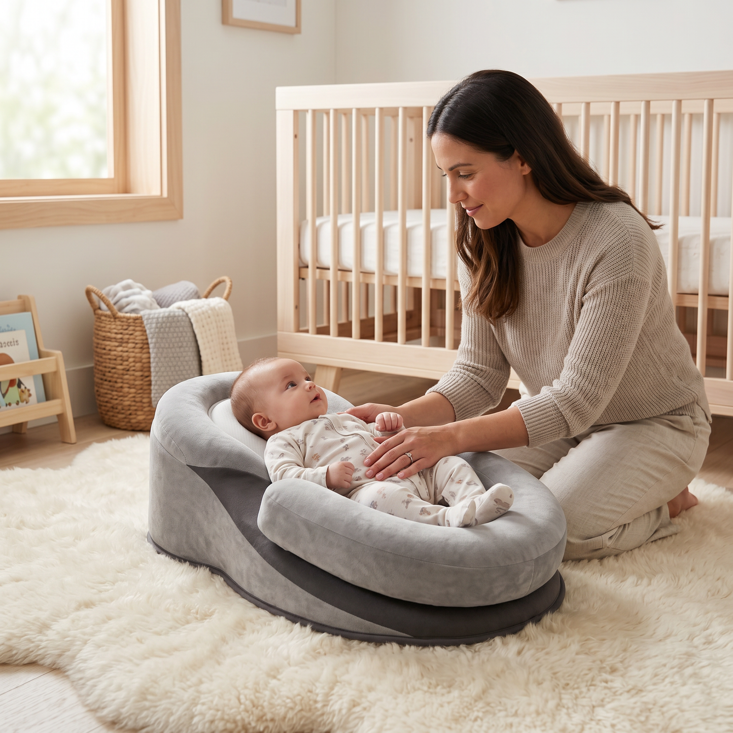 Bundle baby comfort lounger with parent and awake baby