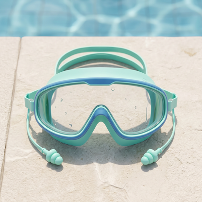 Splash kids swim goggles, blue and green, poolside
